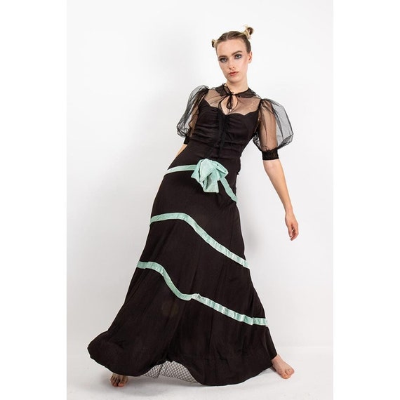 1930s dress with sheer net sleeves / Vintage blac… - image 1