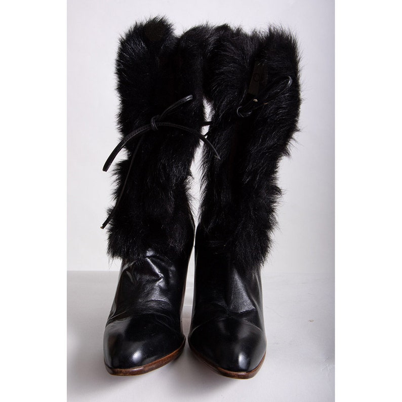 Vintage Oscar de la Renta black leather and fur trimmed high heel boots / size 5 6 image 4