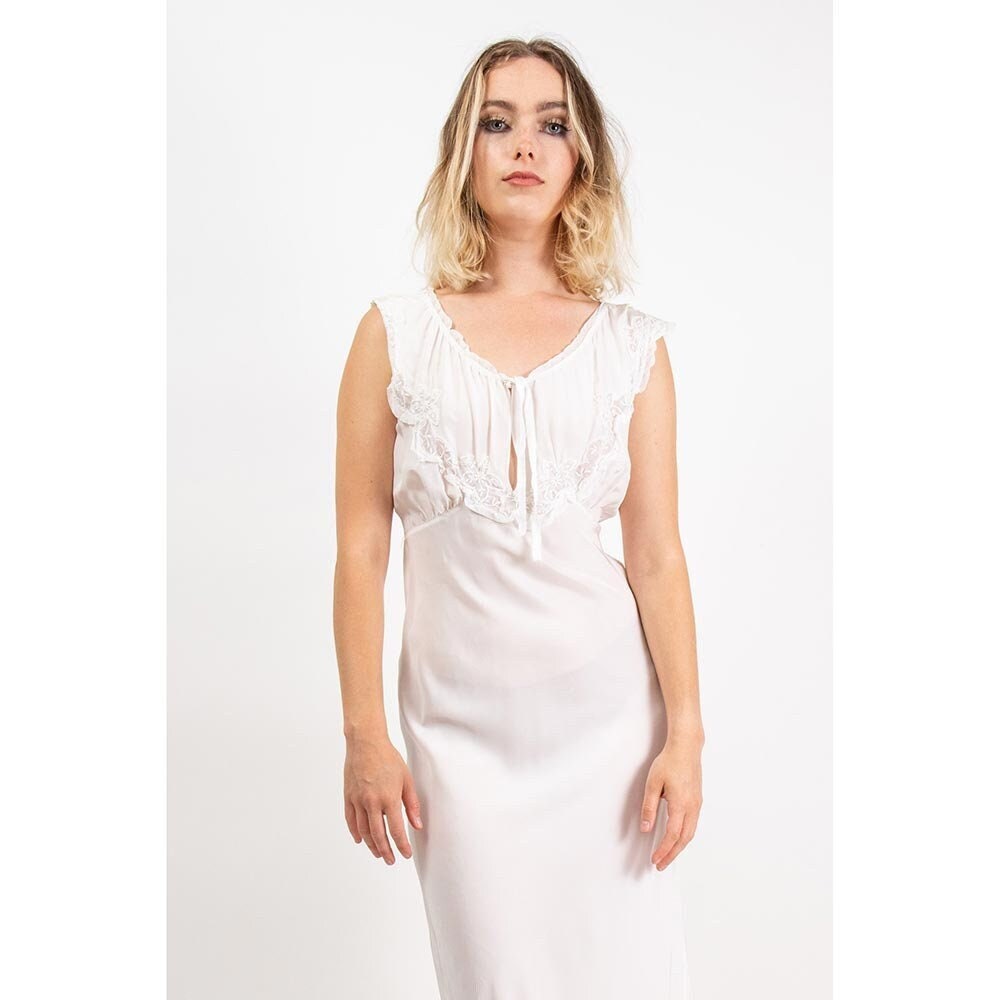 1940s White Rayon Bias Cut Embroidered Slip Dress / Vintage