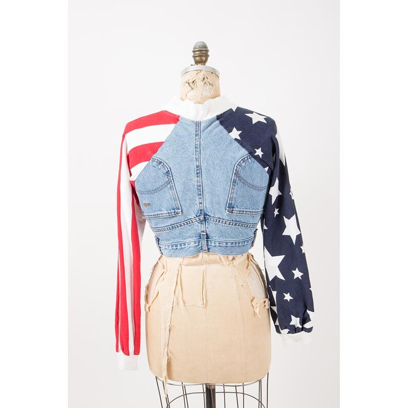 Vintage Fredericks of Hollywood denim jacket / 1980s patchwork American flag stars and stripes / S image 8