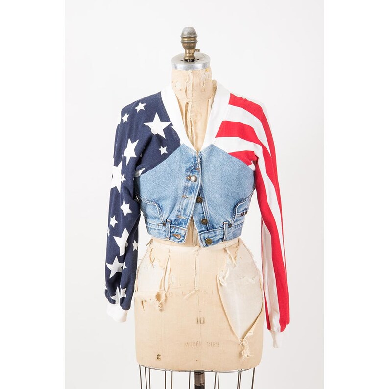 Vintage Fredericks of Hollywood denim jacket / 1980s patchwork American flag stars and stripes / S image 5