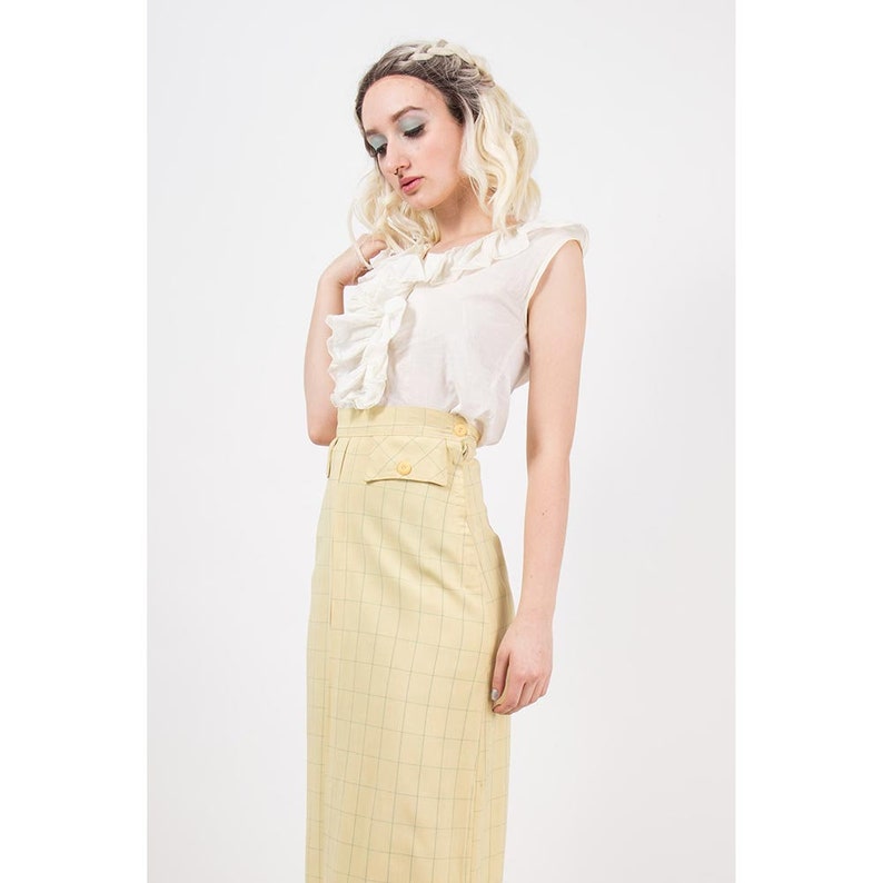 1930s skirt / Vintage yellow wool windowpane front pleat midi skirt small image 4