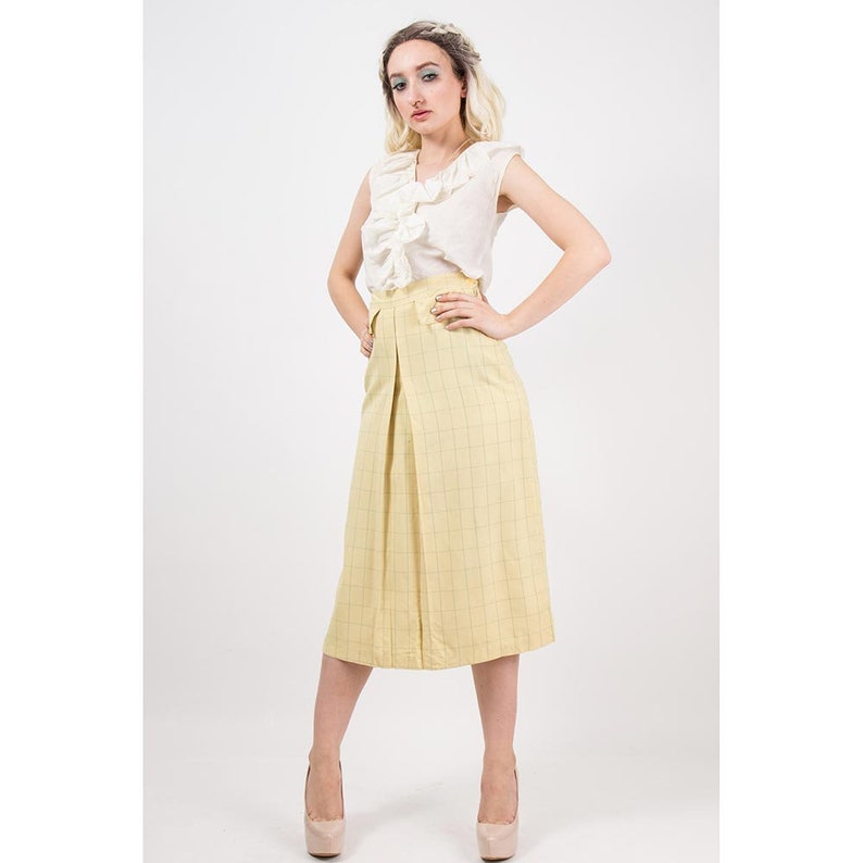 1930s skirt / Vintage yellow wool windowpane front pleat midi skirt small image 3