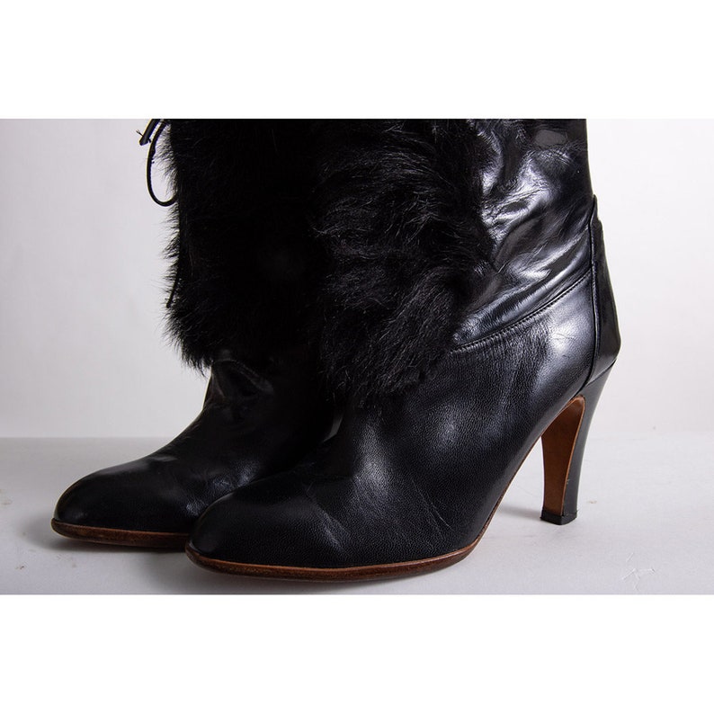 Vintage Oscar de la Renta black leather and fur trimmed high heel boots / size 5 6 image 2