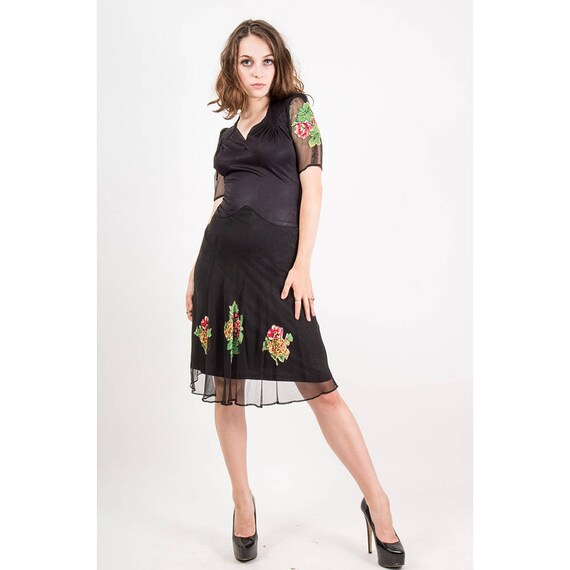 1930s 1940s dress / Vintage black rayon jersey net