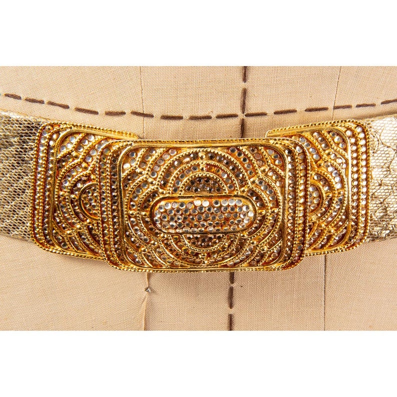 Vintage unsigned Judith Leiber gold snakeskin belt / 1980s crystal studded buckle image 3