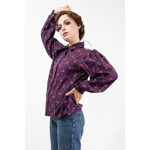 Vintage Laura Ashley cotton blouse / 1980s Plum floral balloon puff sleeve button front / M image 4