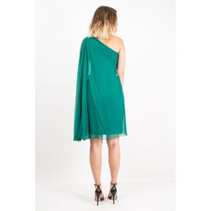 Vintage Malcolm Starr peacock green Grecian style silk chiffon one shoulder sheath dress image 8