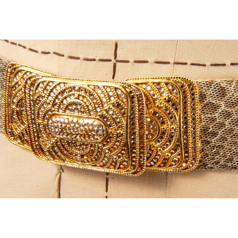 Vintage unsigned Judith Leiber gold snakeskin belt / 1980s crystal studded buckle image 7
