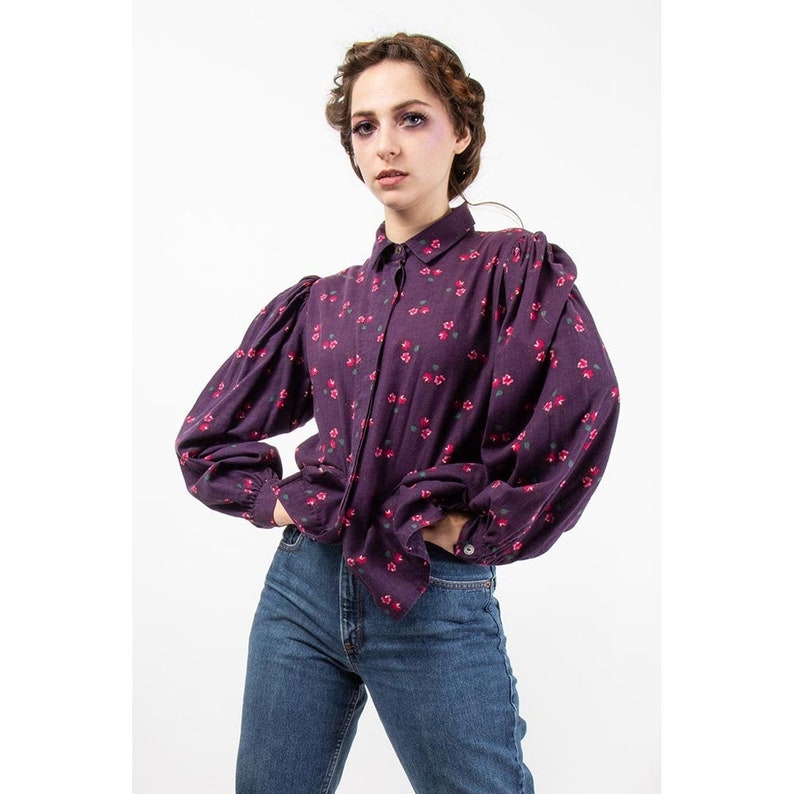 Vintage Laura Ashley cotton blouse / 1980s Plum floral balloon puff sleeve button front / M image 1