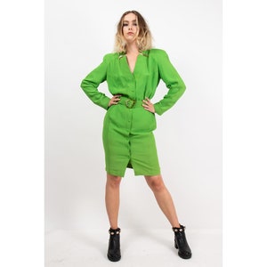 Vintage 1980s Thierry Mugler lime green snap front shirtdress iridescent buttons and belt M image 3