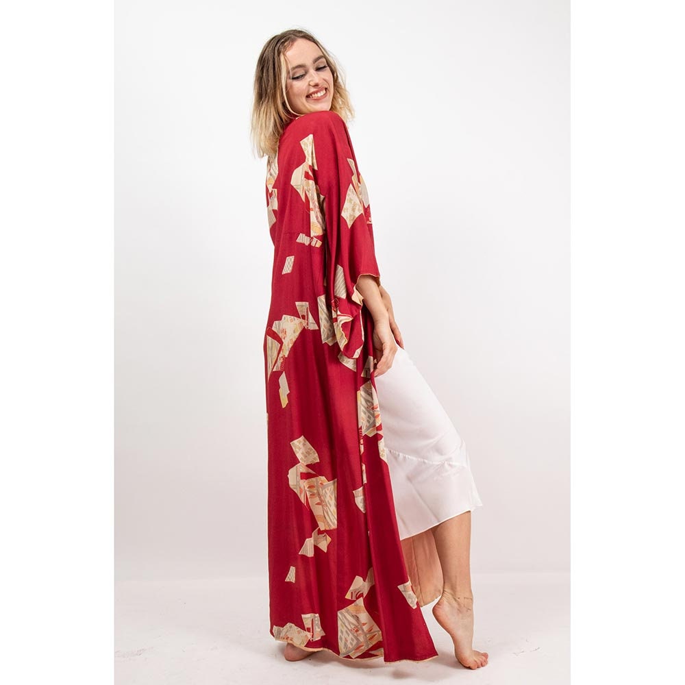 Kimono Long Vintage Japonais Années 70 - Crêpe De Soie Doublé Soie, Motif Floral Rose/jaune