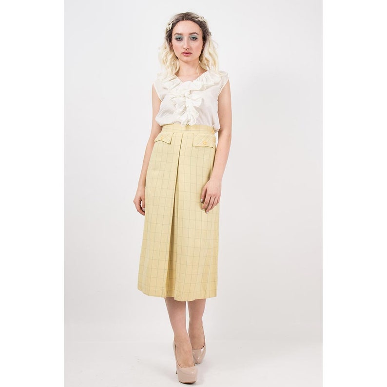 1930s skirt / Vintage yellow wool windowpane front pleat midi skirt small image 5
