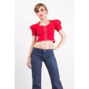 1930s bolero jacket / Vintage red rhinestone studded crop top / Puff sleeves zip front XS image 5