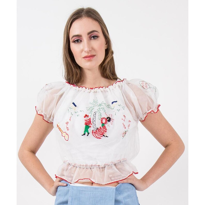 Vintage Embroidered Peasant Blouse / 1950s Sheer White Nylon Etsy