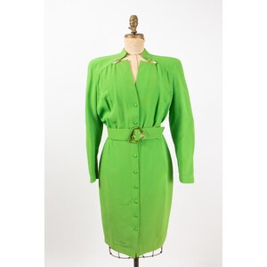 Vintage 1980s Thierry Mugler lime green snap front shirtdress iridescent buttons and belt M image 2