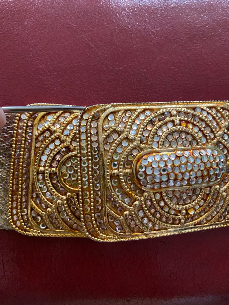 Vintage unsigned Judith Leiber gold snakeskin belt / 1980s crystal studded buckle image 9