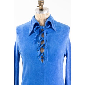 Vintage blue velvet dress / 1960s 1970s dagger collar micro mini velour lace up / S image 8