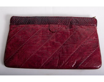 Vintage 1970s deep red snakeskin clutch / Large flat hinge open purse