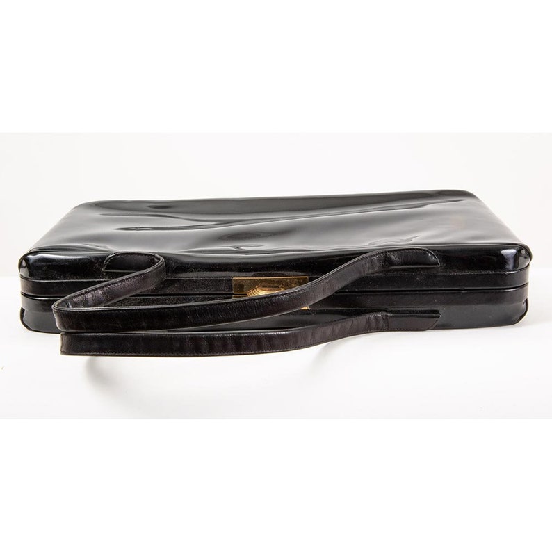 Vintage 1950s black patent leather top handle wide rectangular handbag image 3