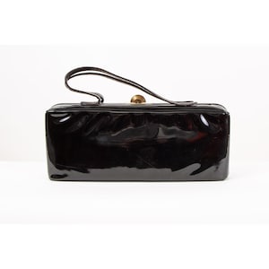 Vintage 1950er schwarze Lackleder Top Griff breite rechteckige Handtasche