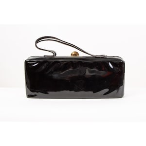 Vintage 1950s black patent leather top handle wide rectangular handbag image 1