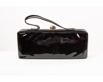 Vintage 1950s black patent leather top handle wide rectangular handbag