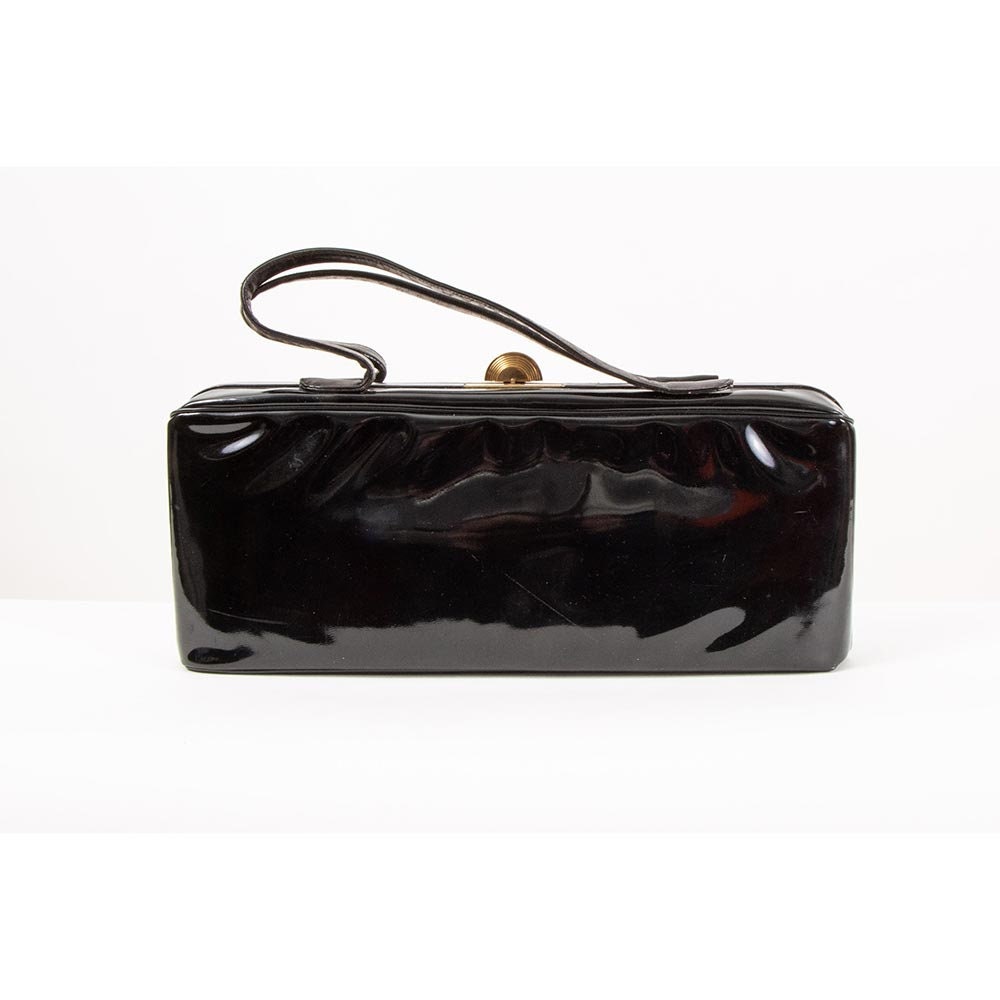 Vintage 1950s Black Patent Leather Top Handle Wide Rectangular Handbag