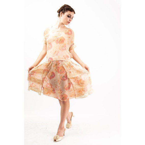 1920s dress / Vintage sheer silk chiffon poppy pr… - image 2