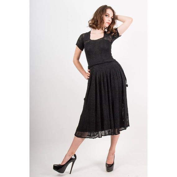 1930s dress / Vintage crochet black knit dress 4 p