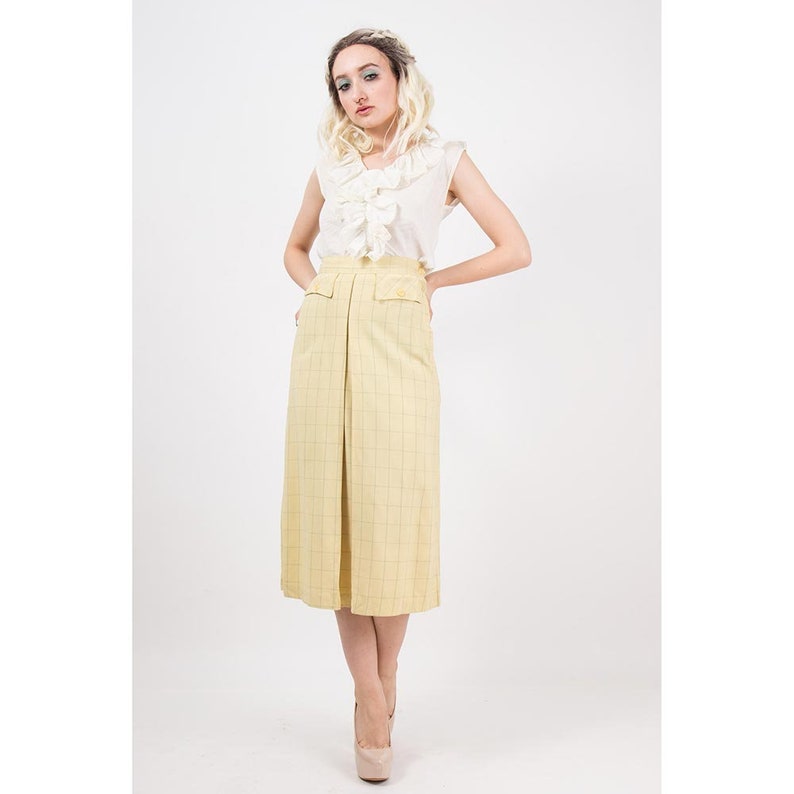 1930s skirt / Vintage yellow wool windowpane front pleat midi skirt small image 6
