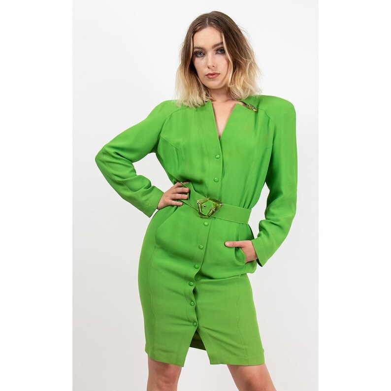 Vintage 1980s Thierry Mugler lime green snap front shirtdress iridescent buttons and belt M image 4