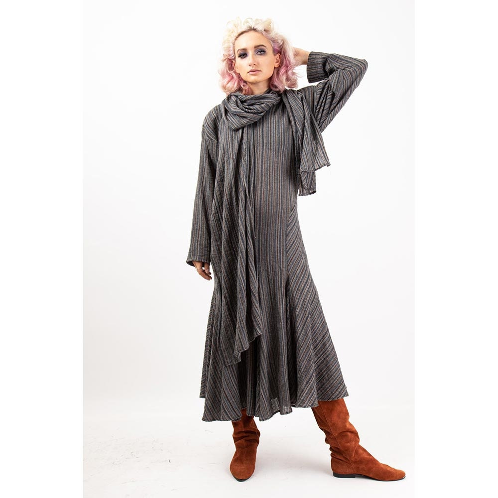 Vintage Norma Kamali Scarf Dress / 1980s Wool Stripe Trumpet Vintage Norma Kamali Scarf Dress / 1980s Wool Stripe Trumpet