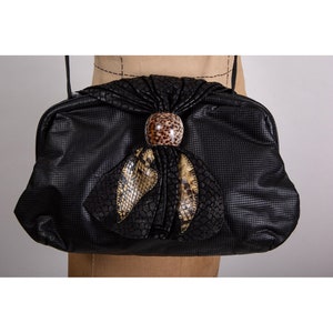Vintage black leather perforated oversized shoulder bag / 1980s padded clutch purse image 3