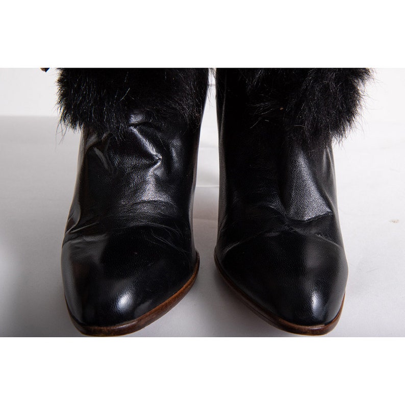 Vintage Oscar de la Renta black leather and fur trimmed high heel boots / size 5 6 image 6