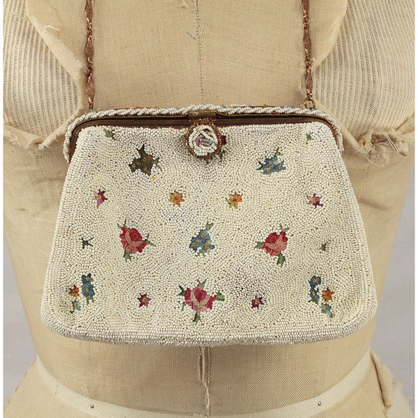 RESERVED Vintage 40's purse / White beaded handbag / Floral Cloisonne purse