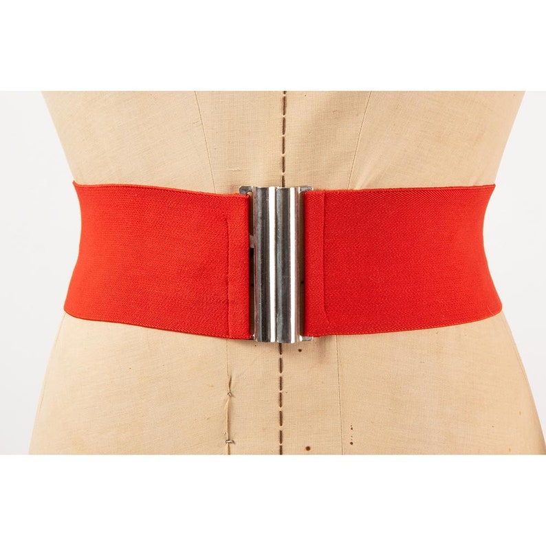 Vintage Norma Kamali OMO 1980s wide red elastic stretch belt image 2