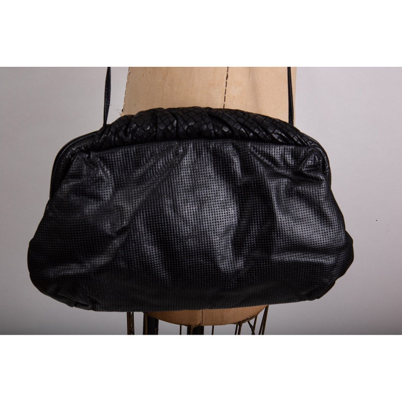Vintage black leather perforated oversized shoulder bag / 1980s padded clutch purse image 5