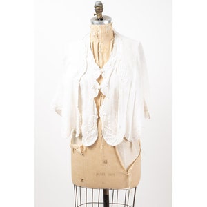 Vintage ivory linen 2 piece blouse / Edwardian textile hand embroidered upcycled vest cape / M image 3