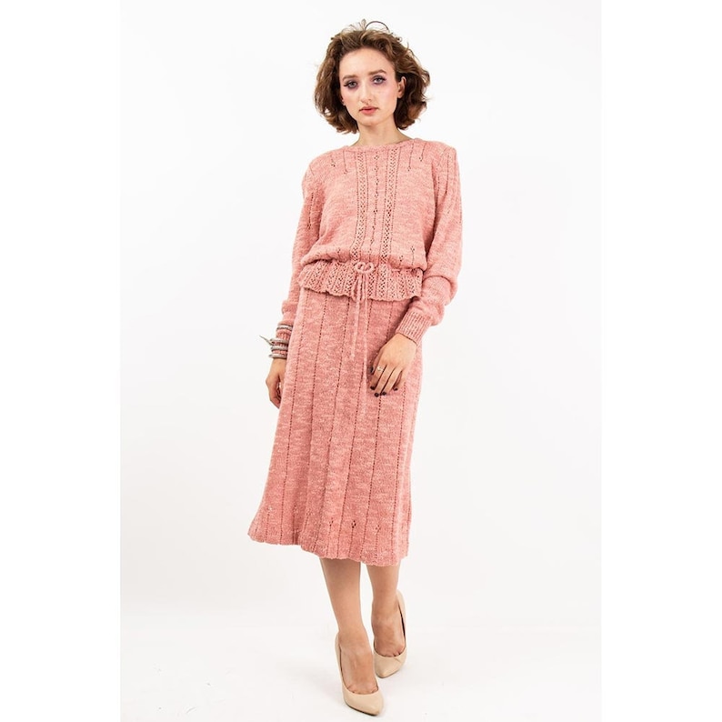 Vintage knitwear sweater skirt set / 1980s Marisa Christina dusty rose pink 2 piece / M image 1