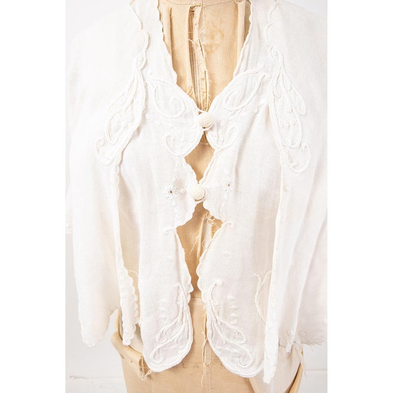 Vintage ivory linen 2 piece blouse / Edwardian textile hand embroidered upcycled vest cape / M image 5