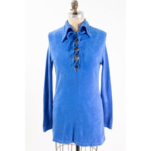 Vintage blue velvet dress / 1960s 1970s dagger collar micro mini velour lace up / S image 3