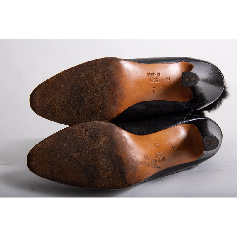 Vintage Oscar de la Renta black leather and fur trimmed high heel boots / size 5 6 image 7