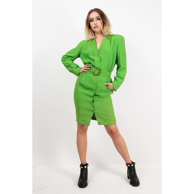 Vintage 1980s Thierry Mugler lime green snap front shirtdress iridescent buttons and belt M image 1