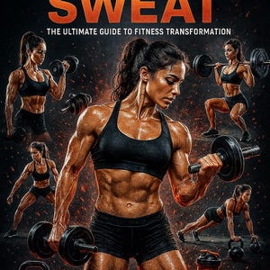 Puede incluir: Portada de una guía de fitness con el título "SCULPT & SWEAT" en texto blanco y naranja. La imagen presenta a una persona musculosa levantando pesas, con imágenes adicionales de la persona haciendo ejercicio. El texto de abajo dice "THE ULTIMATE GUIDE TO FITNESS TRANSFORMATION".