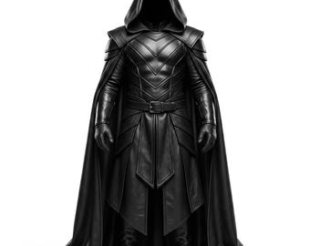 May include: A black hooded cloak and matching suit featuring structured shoulder armor, a chevron-patterned chest piece, a waist belt with a buckle, long sleeves, gloves, and boots. The ensemble is entirely black with a smooth, uniform finish.