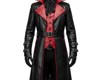 Mens Black & Red Leather Trench Coat, Gothic Vampire Coat, Halloween Cosplay Costume, Steampunk Overcoat, Anime Outfit, Gift for Him