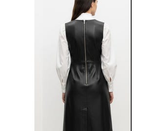 Black Lambskin Leather Pinafore Dress | Women's Genuine Leather V-Neck Shift Dress | Sleeveless Sundress Gift for Her