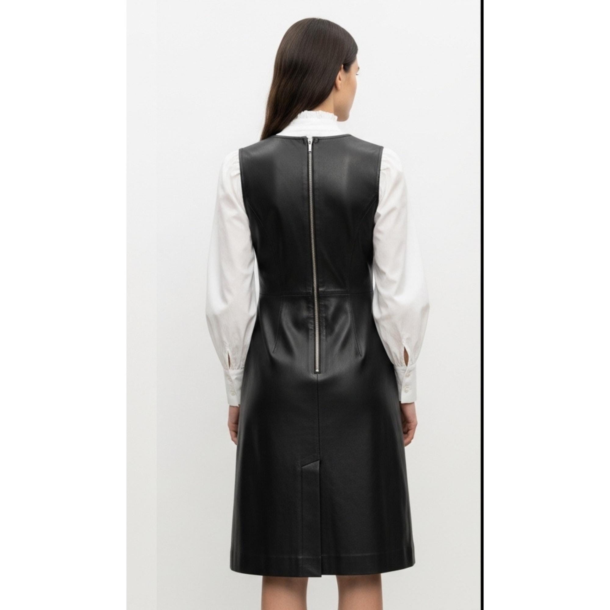 chinese dress ladies DIASHINY Women's V Neck Sleeveless PU Leather Dress Pinafore Overall Mini  Dresses with Pockets Black S at Amazon Women's Clothing store