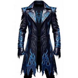 Abrigo de piel de cordero marrón, gabardina con estampado de llamas de fuego de dragón auténtico, ropa de cosplay para videojuegos, regalo para él